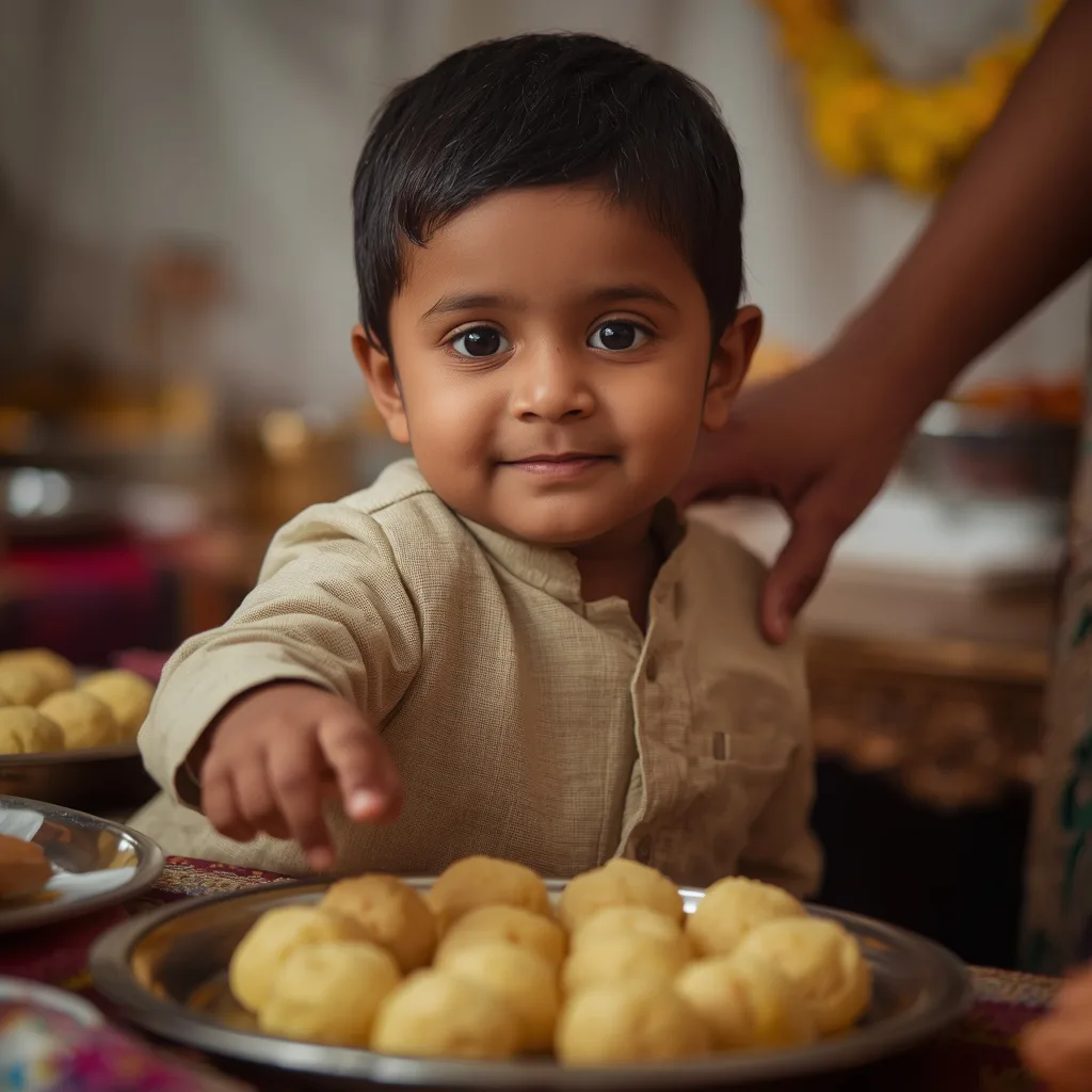 A Boy's Eagerness to Participate in Janmashtami Sweets – stylish boy's ai prompts – AI generated example