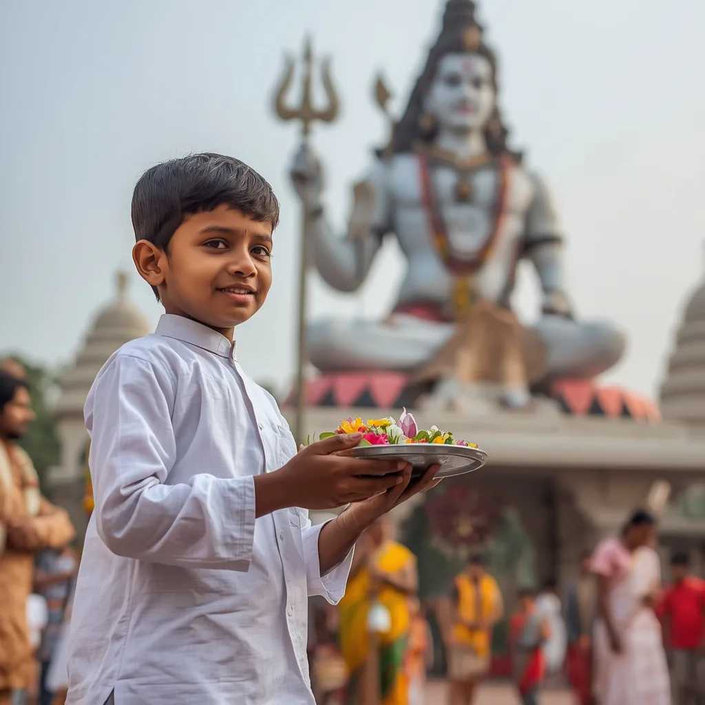 A Boy's Reverent Offering of Flowers to Lord Shiva on Mahashivratri – stylish boy's ai prompts – AI generated example