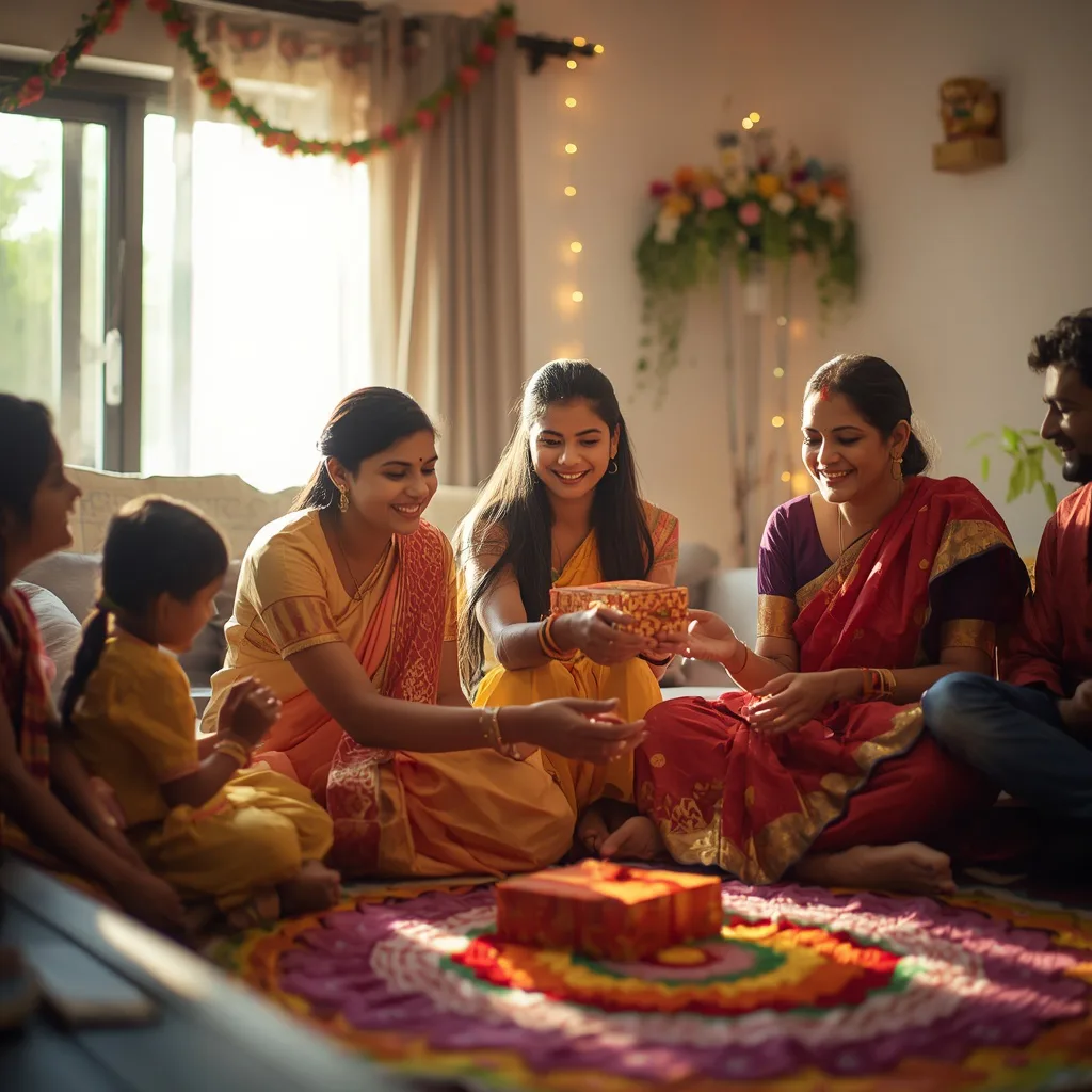 A Family's Joyous Diwali Morning: Exchanging Gifts and Blessings – stylish boy's ai prompts – AI generated example