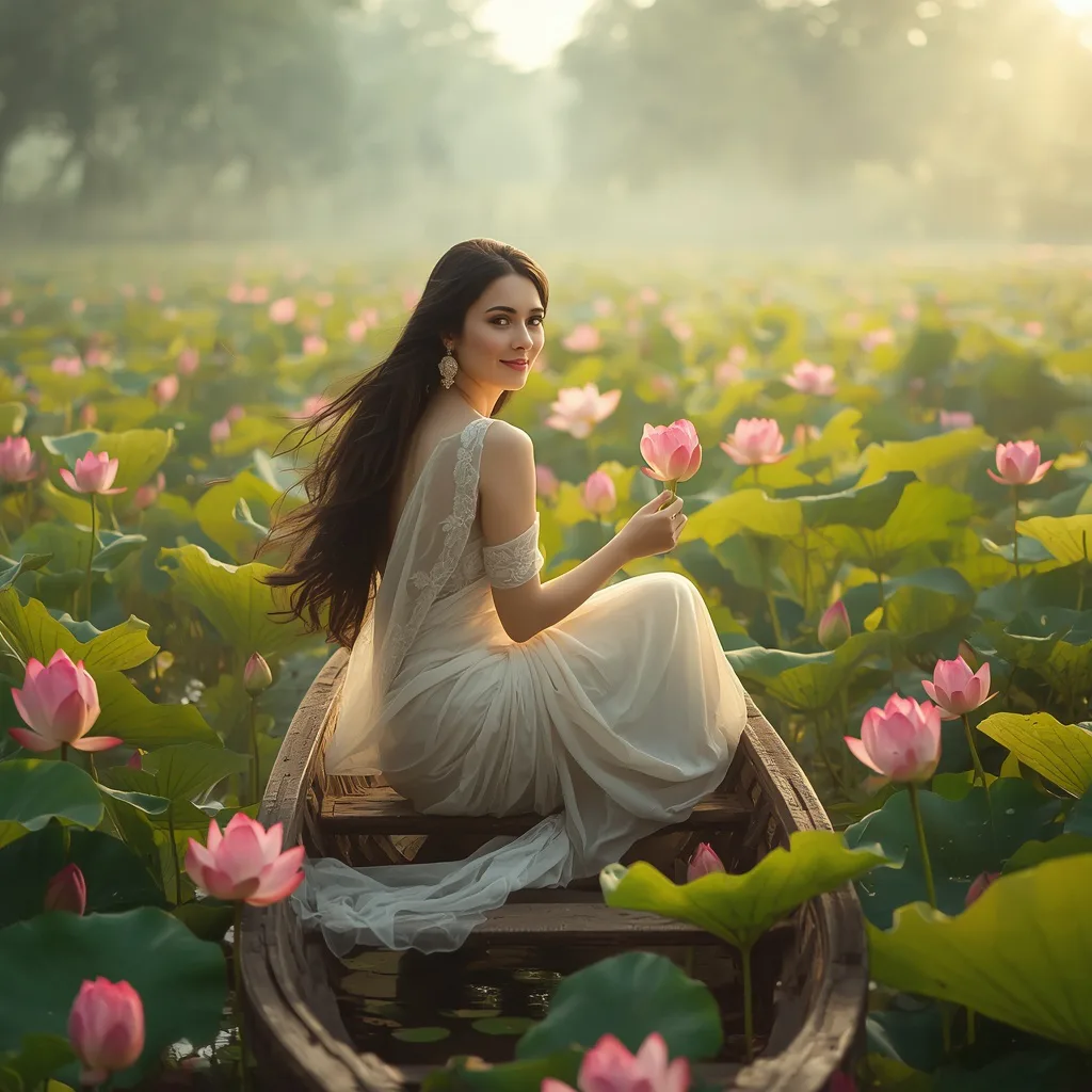 A Serene Woman's Dreamy Lotus Pond Journey – traditional saree ai prompts – AI generated example