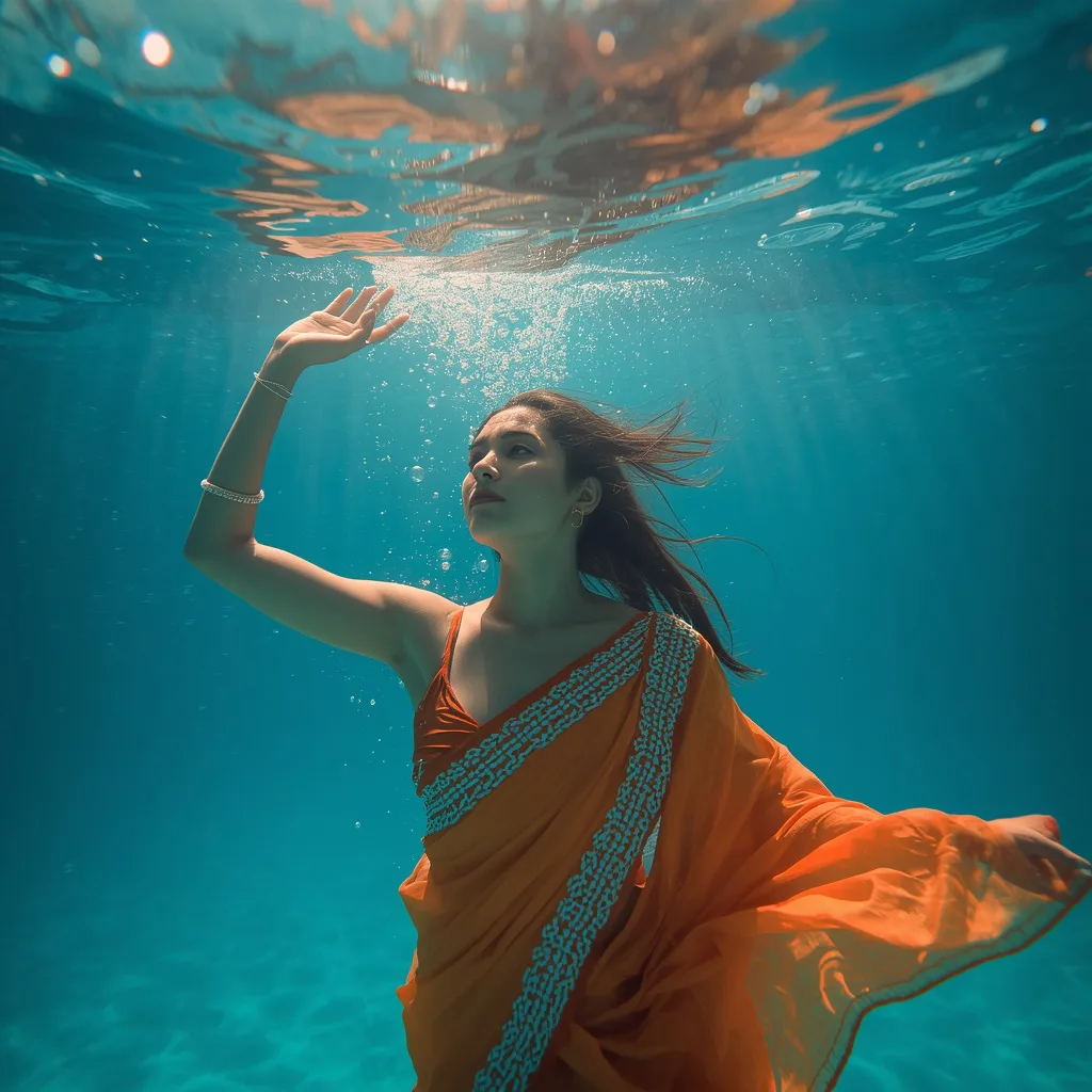 A Woman's Mystical Dance: Submerged in Orange Saree Splendor – traditional saree ai prompts – AI generated example