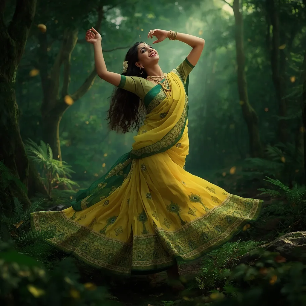 A Woman's Vibrant Sari Dance: Emerald Forest Delight – traditional saree ai prompts – AI generated example