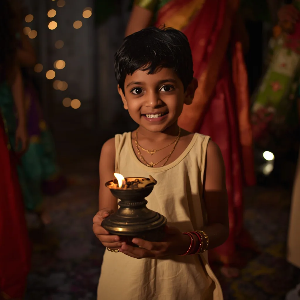 A Young Boy Joyfully Participating in a Navratri Dhunuchi Dance – stylish boy's ai prompts – AI generated example