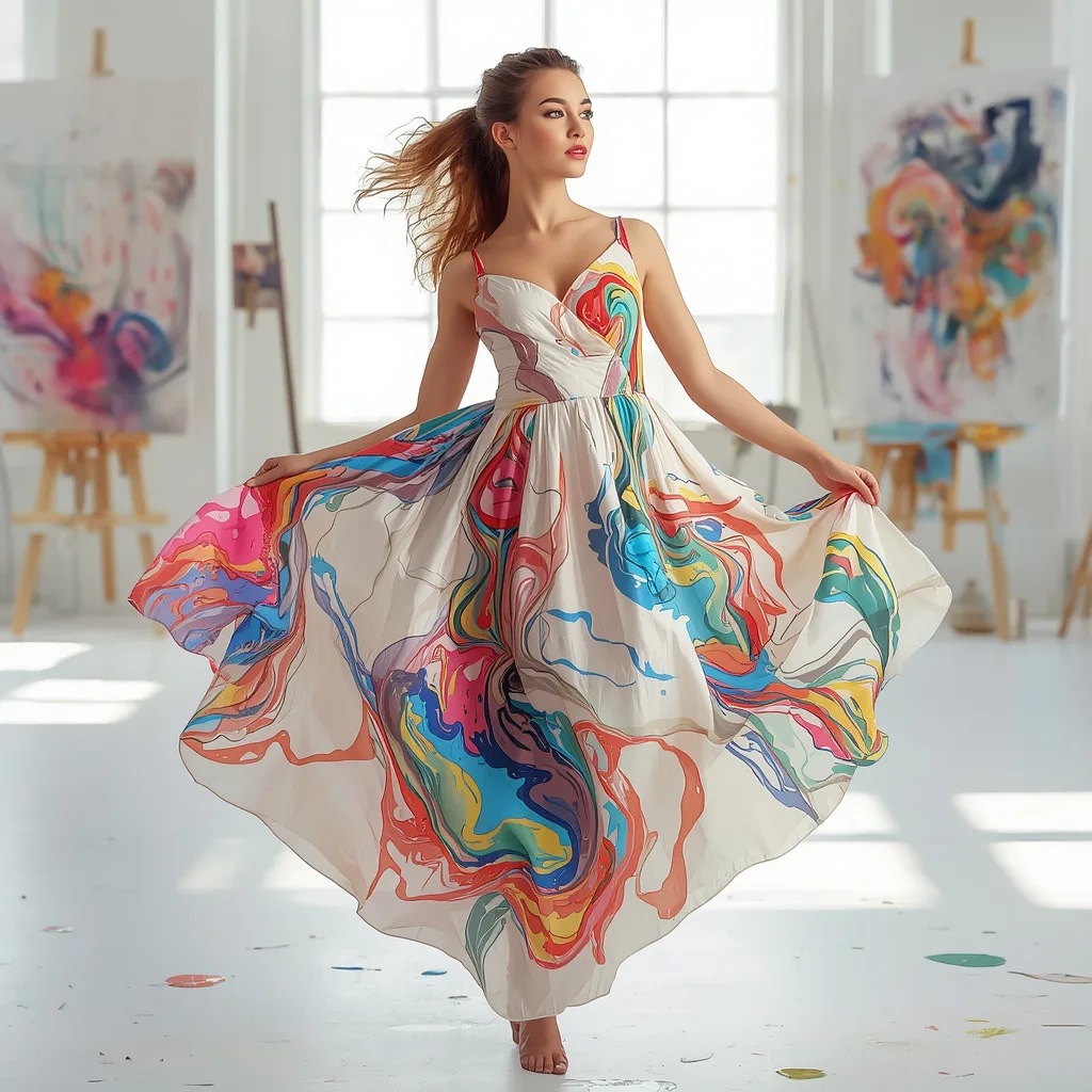 Abstract Painter's Dream: Flowing Dress with Vibrant Swirls and Artist Studio – realistic photo ai prompts – AI generated example