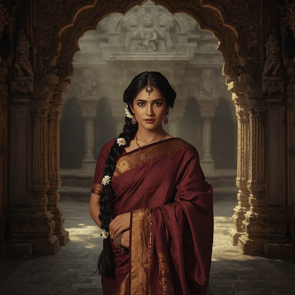 Beautiful Woman's Serene Pose in an Ancient Indian Temple with Dappled Light – traditional saree ai prompts – AI generated example