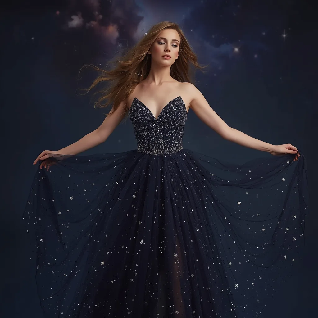 Celestial Sparkle: A Woman in a Shimmering Star-Patterned Gown – women's cottagecore ai prompts – AI generated example