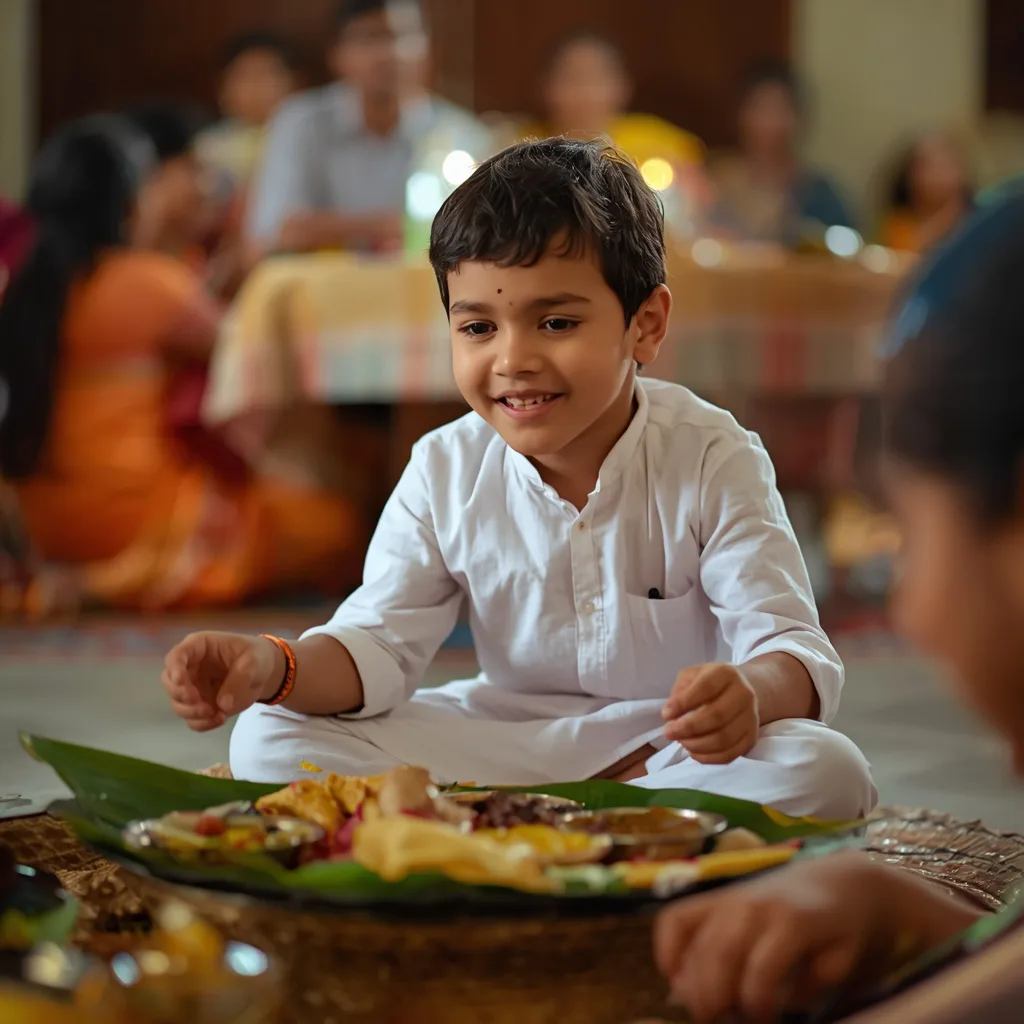 Charming Boy Enjoying the Grand Onam Sadya (Feast) with Delight – stylish boy's ai prompts – AI generated example