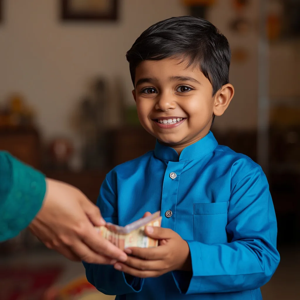 Charming Boy in New Clothes Joyfully Receiving Eidi During Eid – stylish boy's ai prompts – AI generated example