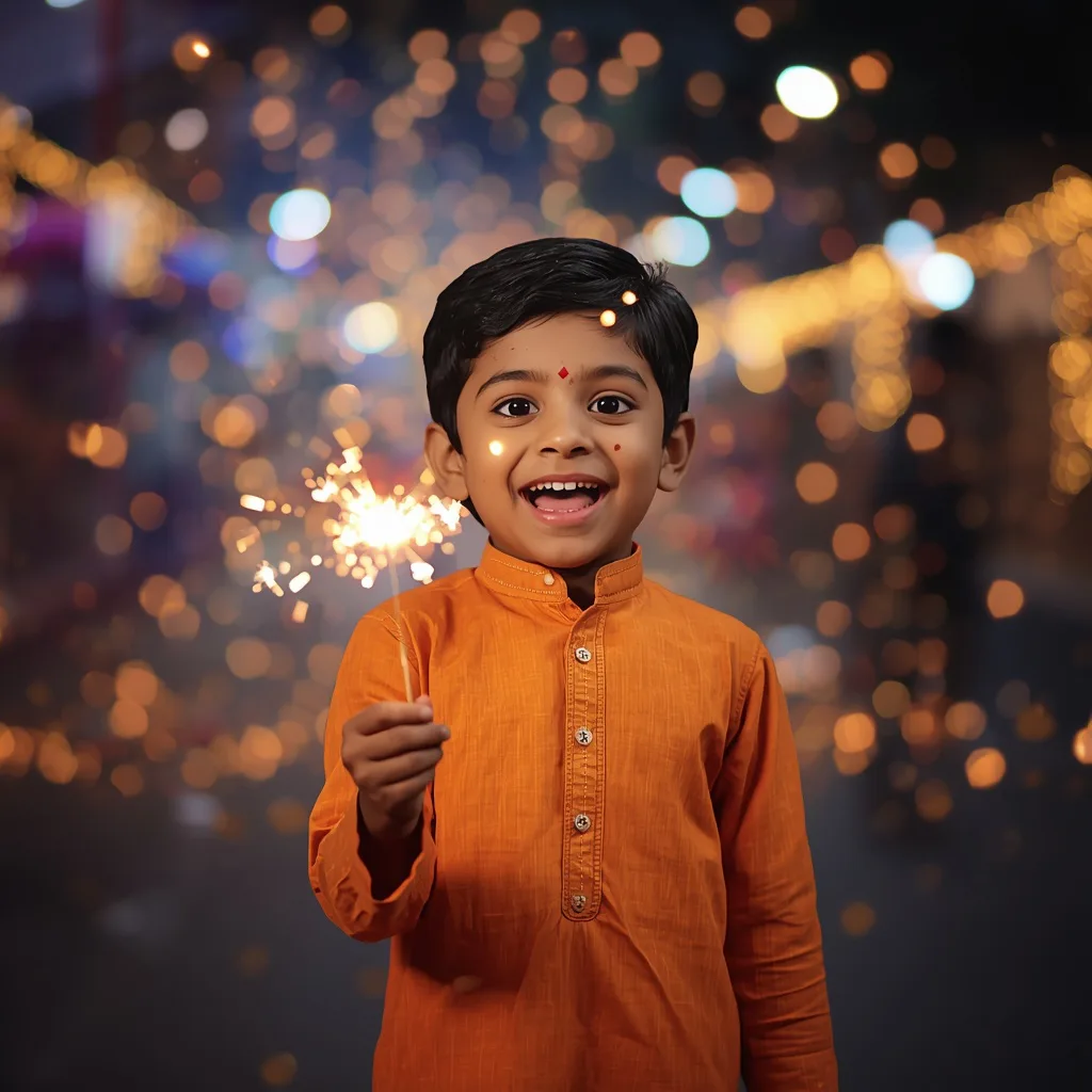 Childhood Sparkle: A Young Boy's Joyful Diwali Moment – stylish boy's ai prompts – AI generated example