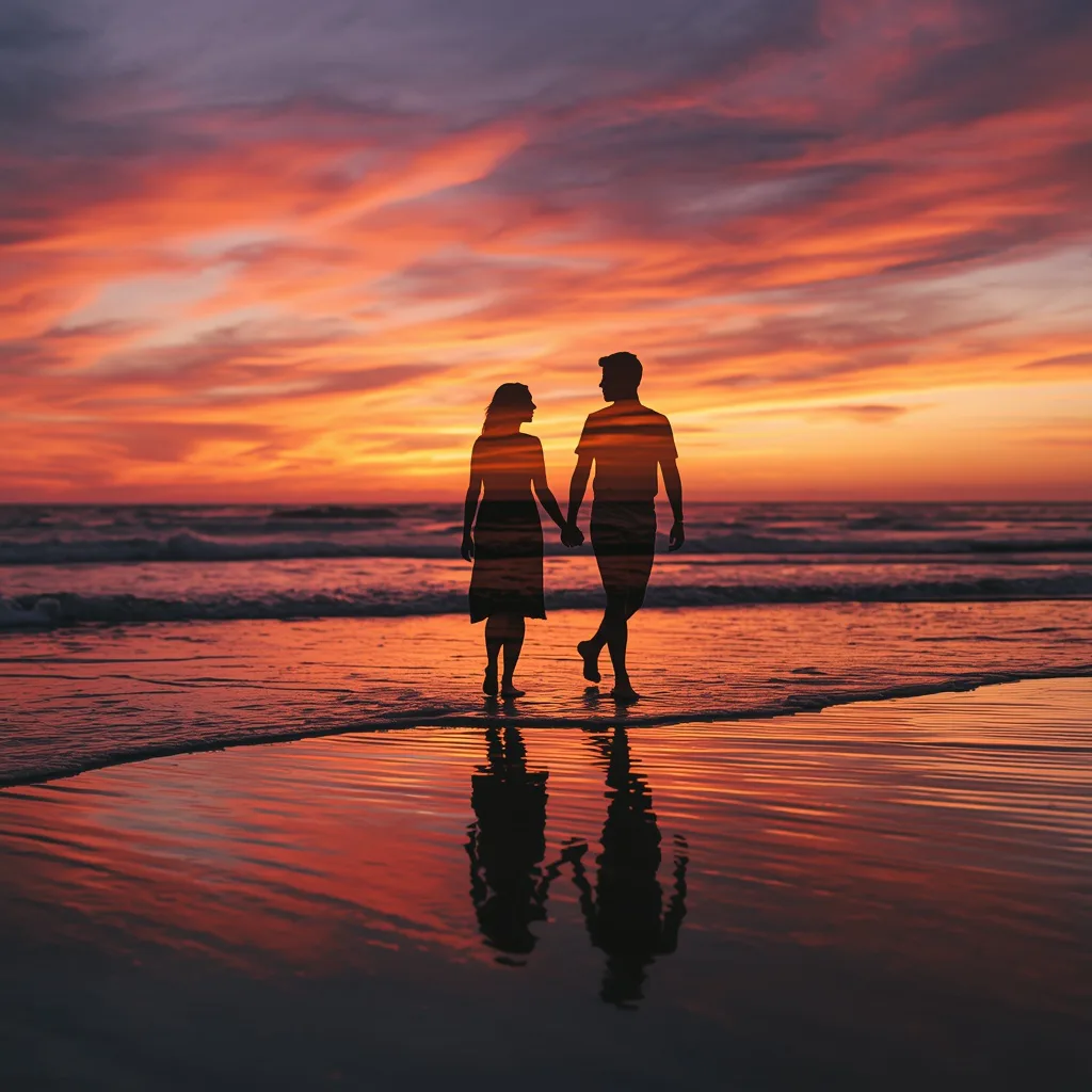 Cinematic Double Exposure of a Romantic Couple on a Sunset Beach – historic couple ai prompts – AI generated example