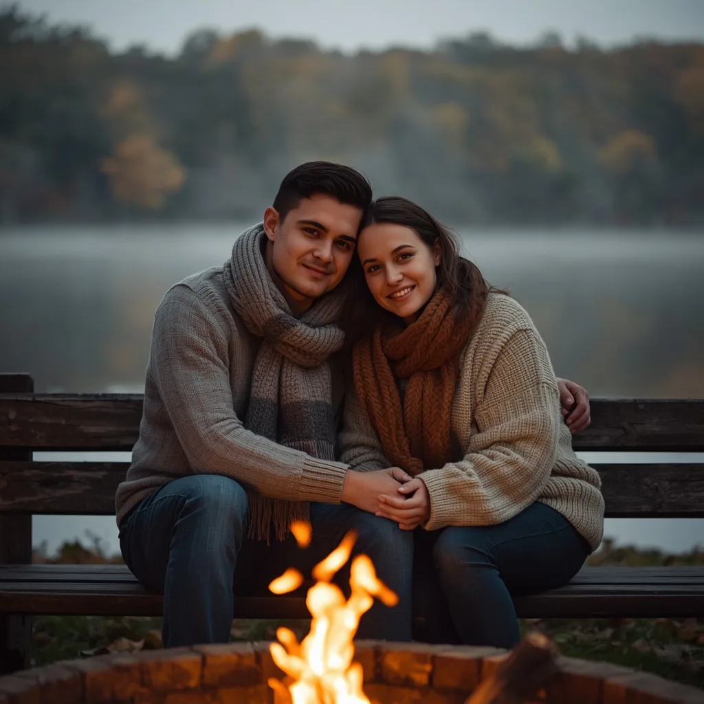 Cozy Autumn Embrace by a Lakeside Fire – cinematic ai prompts – AI generated example