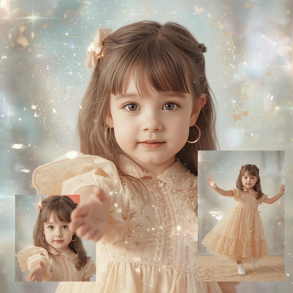 Cute Girl: Cinematic Collage with Glittering Stardust and Dreamy Hues – indian girl ai prompts – AI generated example