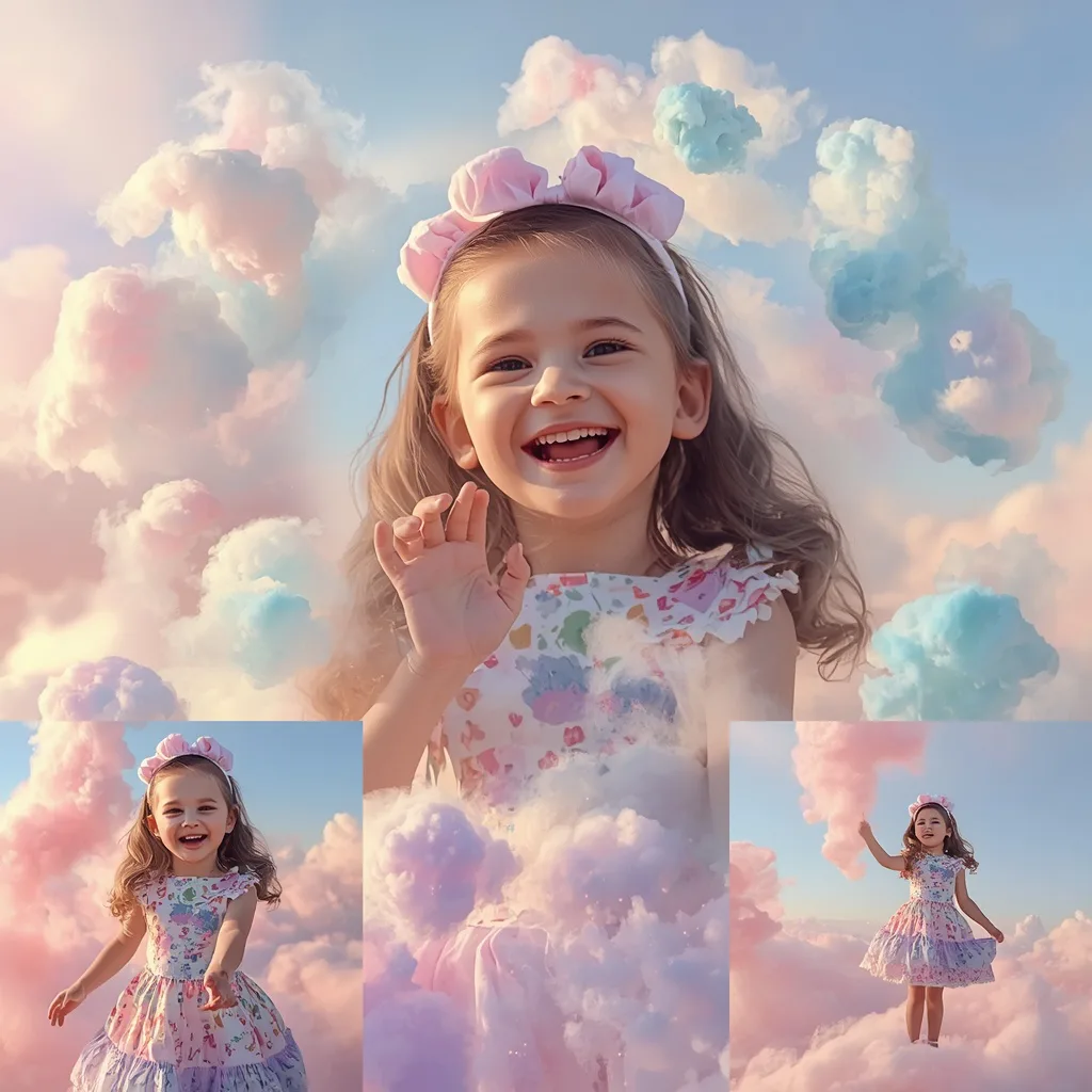 Cute Girl: Collage with Swirling Candy Floss Clouds – indian girl ai prompts – AI generated example