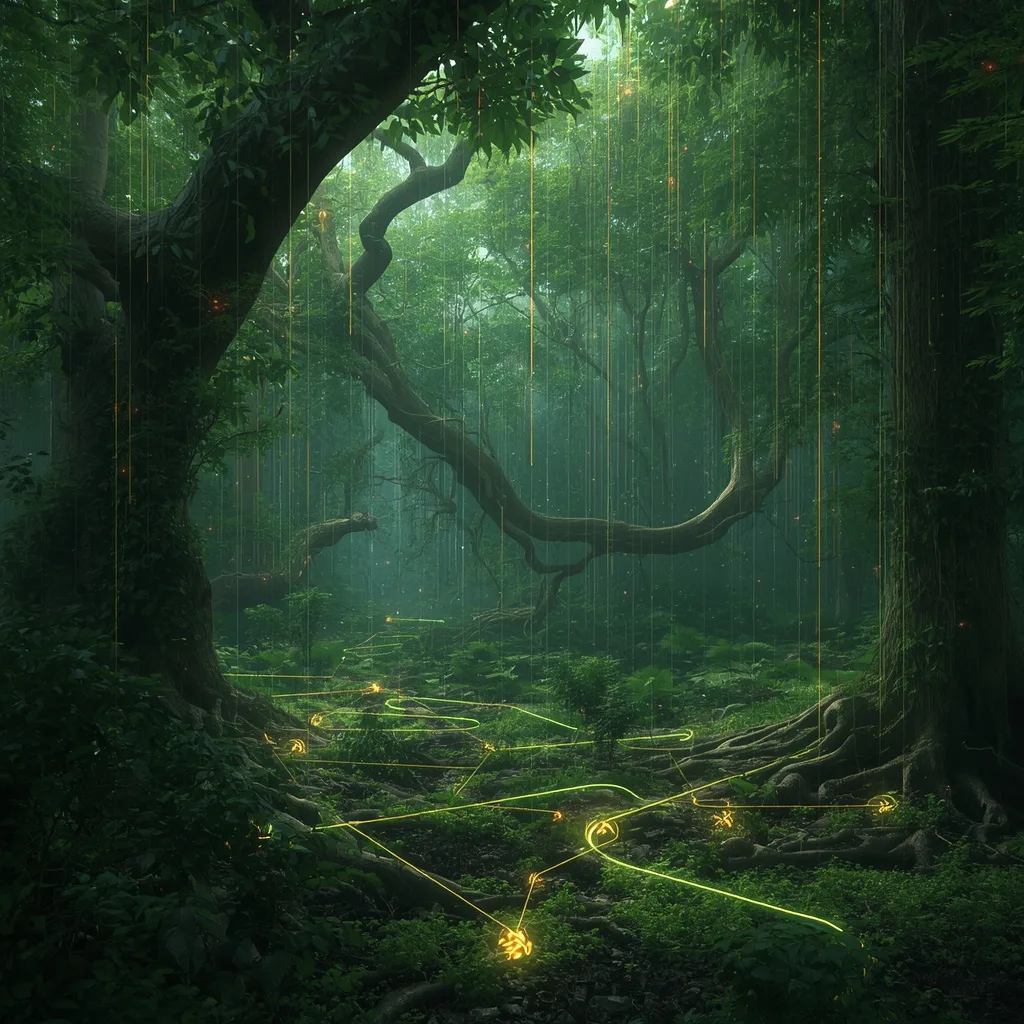 Cybernetic Rainforest Data Core With Living Neural Tree Network System – high-fashion photography ai prompts – AI generated example