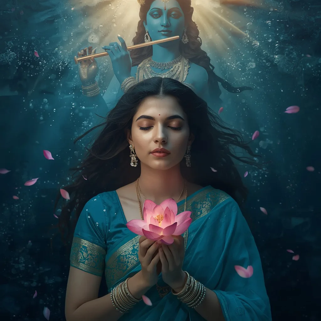 Divine Serenity: Woman and Krishna in an Underwater Fantasy – traditional saree ai prompts – AI generated example