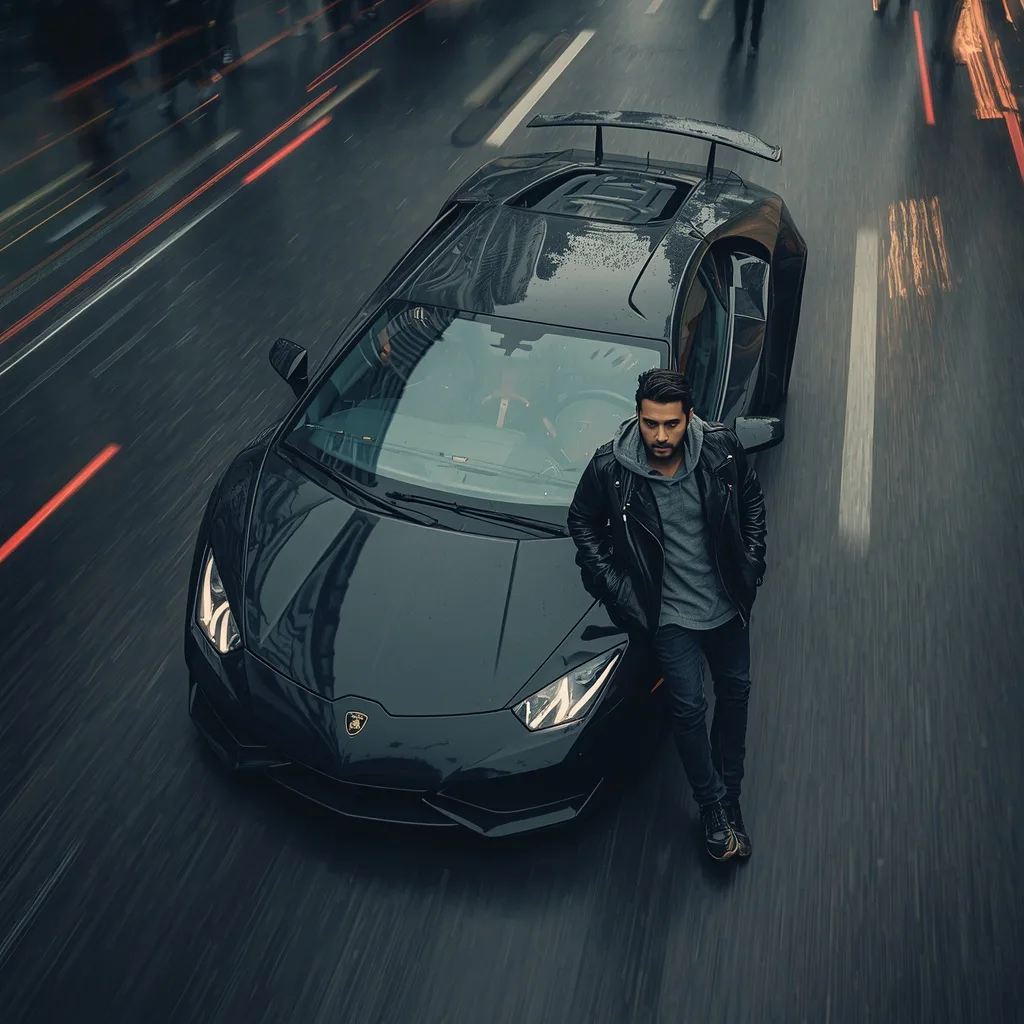 Dynamic Aerial Cinematic Shot of a Man and His Sports Car – handsome boy's ai prompts – AI generated example