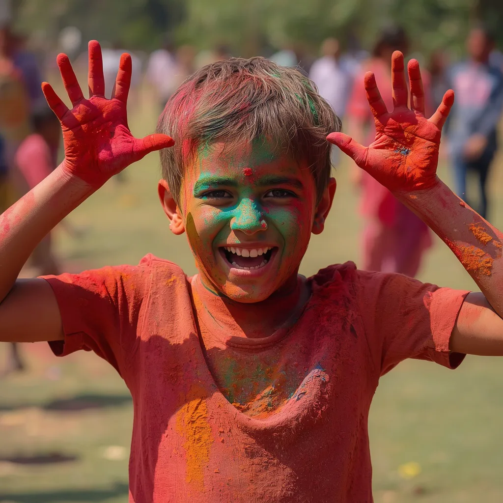 Energetic Boy Delighted, Completely Covered in Vibrant Gulaal – stylish boy's ai prompts – AI generated example