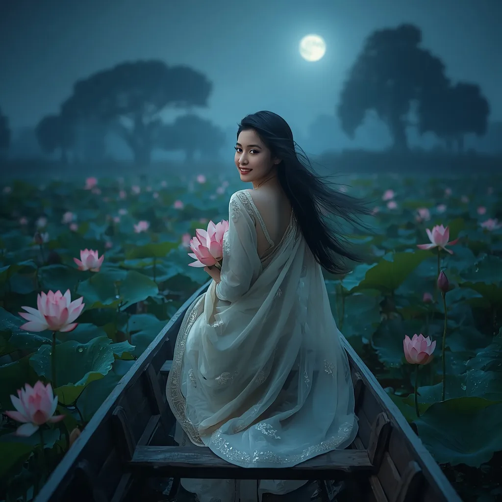 Ethereal Woman's Serene Journey Across a Moonlit Lotus Lake – traditional saree ai prompts – AI generated example