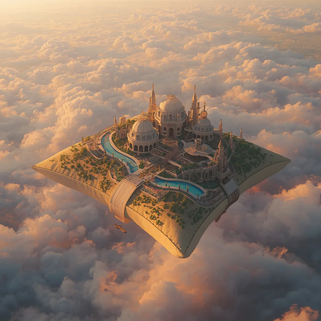 Floating Luxury Pillow Kingdom Above Endless Dream Inspired Landscapes – high-fashion photography ai prompts – AI generated example