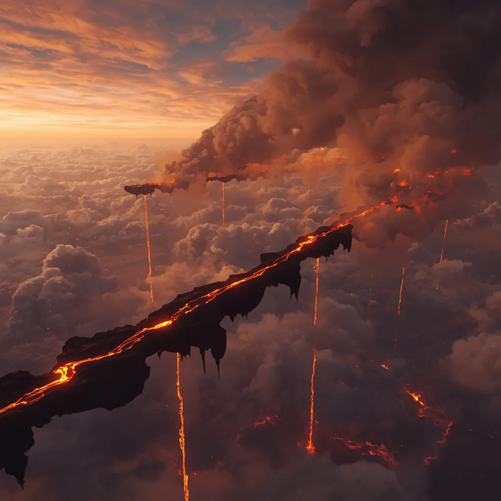 Floating Volcanic Sky Chain With Lava Gravity Rivers And Ash Energy Atmosphere – high-fashion photography ai prompts – AI generated example
