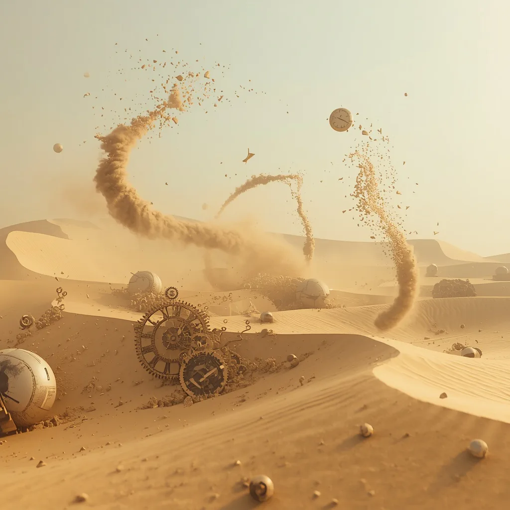 Futuristic Floating Sand Time Storm With Broken Clock Particles And Temporal Dunes – high-fashion photography ai prompts – AI generated example