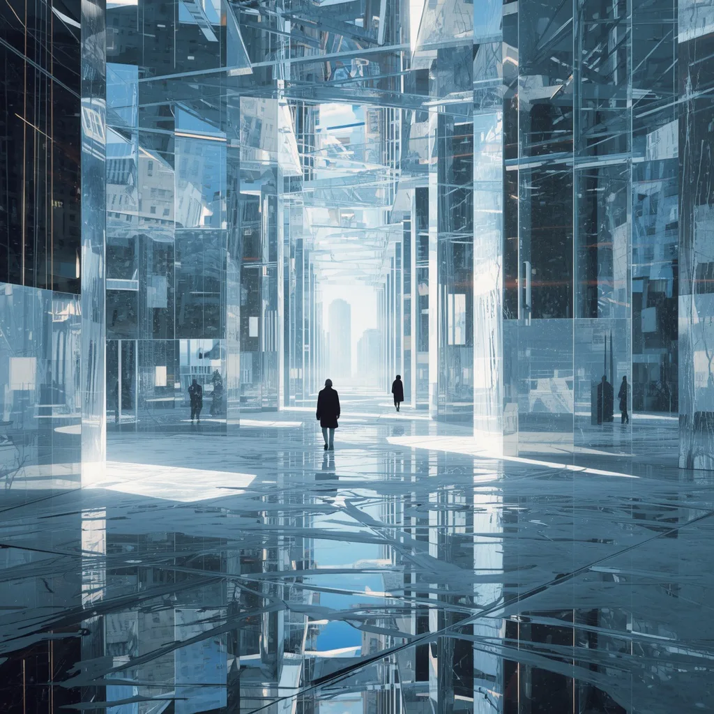 Futuristic Mirror Ice Metropolis With Reflective Gravity Controlled Architecture Fields – high-fashion photography ai prompts – AI generated example