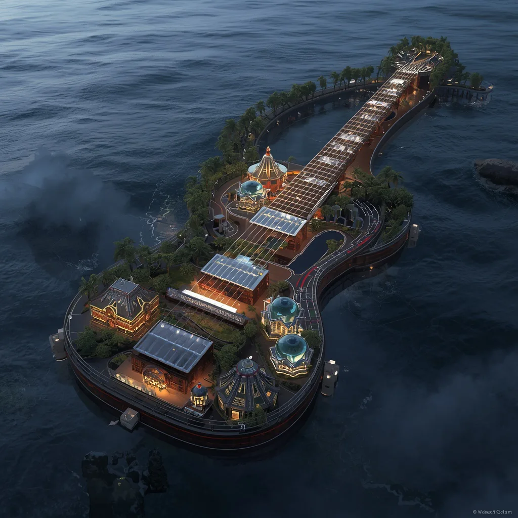 Giant Luxury Guitar Highway Stretching Across Continents And Oceans – high-fashion photography ai prompts – AI generated example