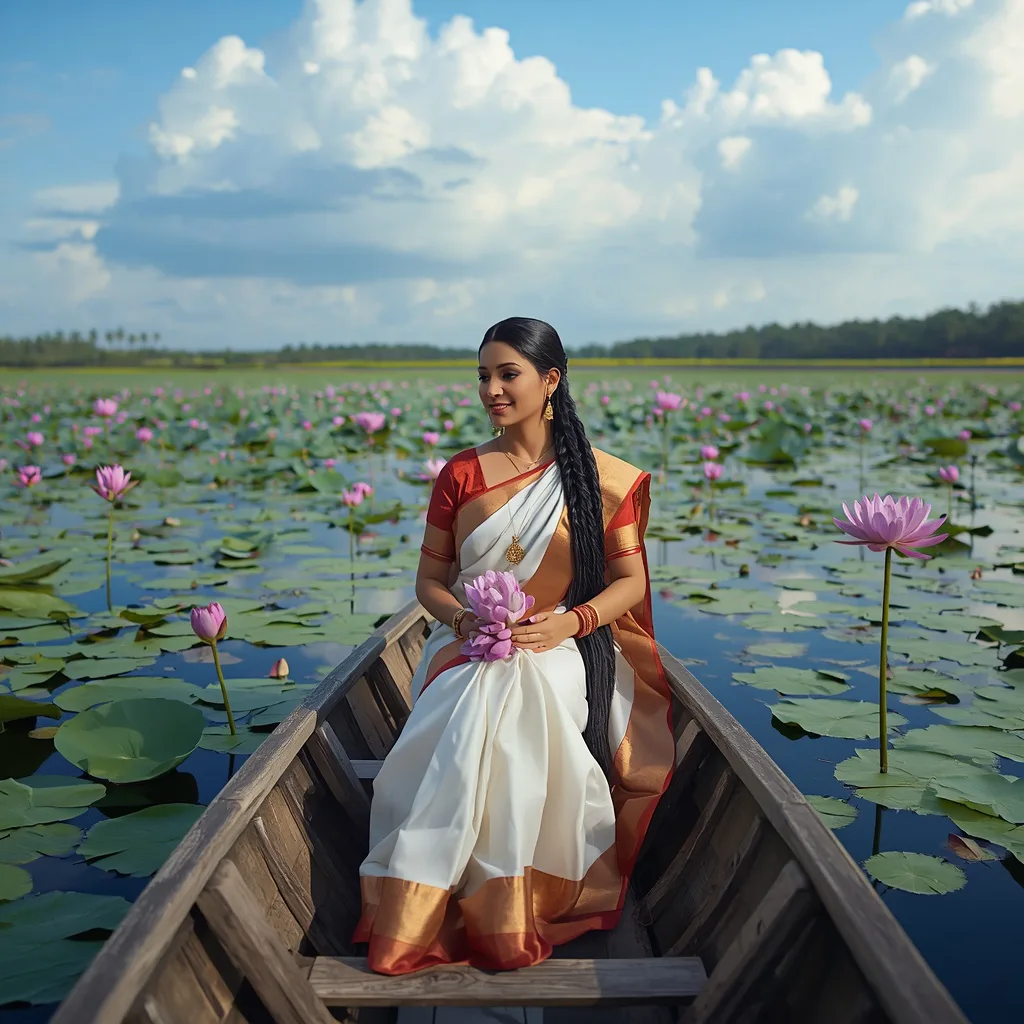 Graceful Woman Adorned in Silk on a Lotus-Filled Lake – traditional saree ai prompts – AI generated example