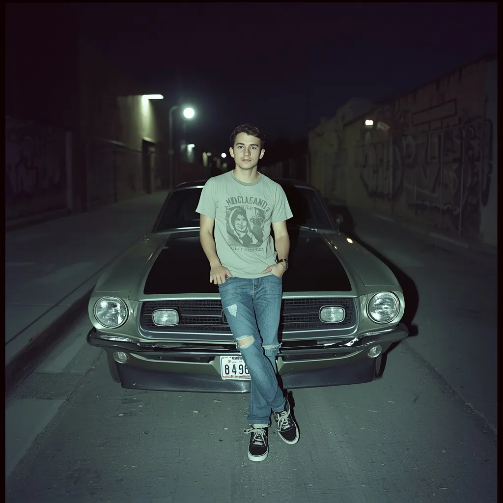Grunge Style Analog Photo of a Man and a Classic Muscle Car – handsome boy's ai prompts – AI generated example
