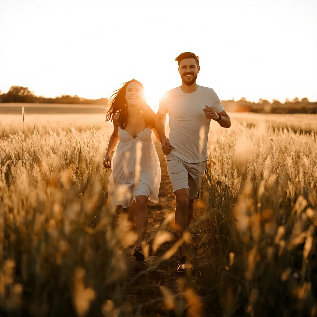 Joyful Couple Running Through a Summer Meadow at Sunset with Golden Light – historic couple ai prompts – AI generated example