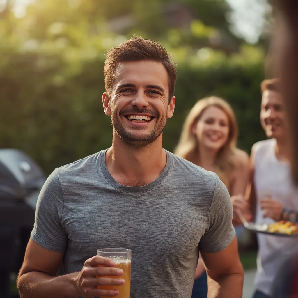 Man's Candid Laugh with Friends at a BBQ – handsome boy's ai prompts – AI generated example