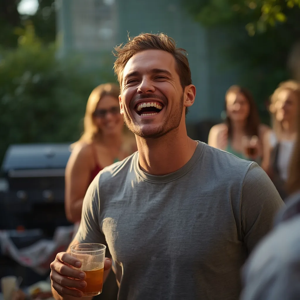 Man's Candid Laugh with Friends at a BBQ – handsome boy's ai prompts – AI generated example