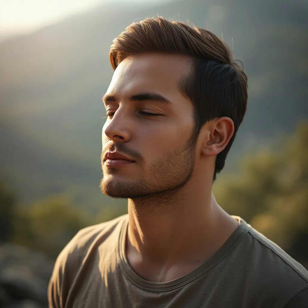 Man's Focused Concentration While Meditating Outdoors – handsome boy's ai prompts – AI generated example