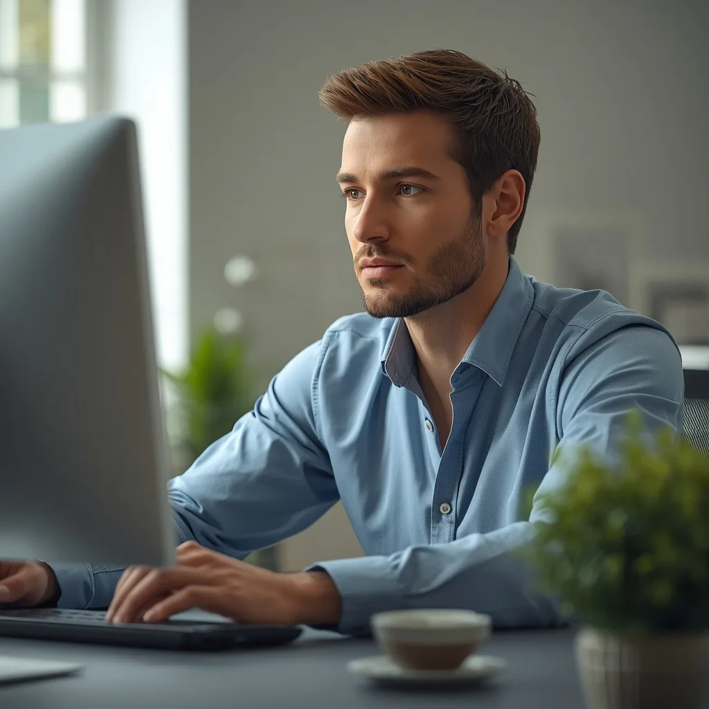 Man's Focused Work in a Home Office Setup – handsome boy's ai prompts – AI generated example