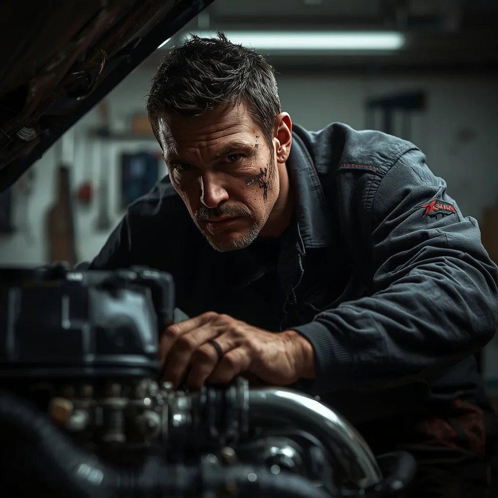 Man's Focused Work on a Car Engine in a Garage – handsome boy's ai prompts – AI generated example