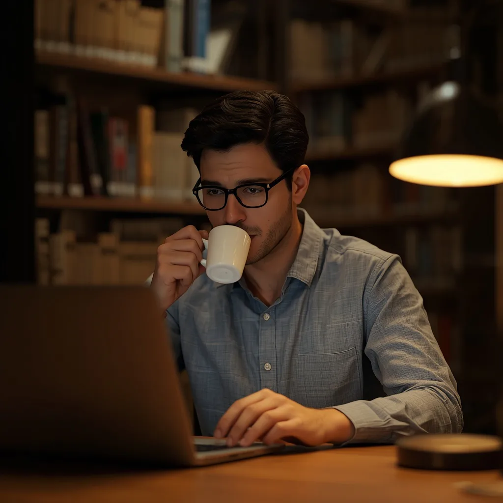 Man's Focused Work on a Laptop in a Library – handsome boy's ai prompts – AI generated example