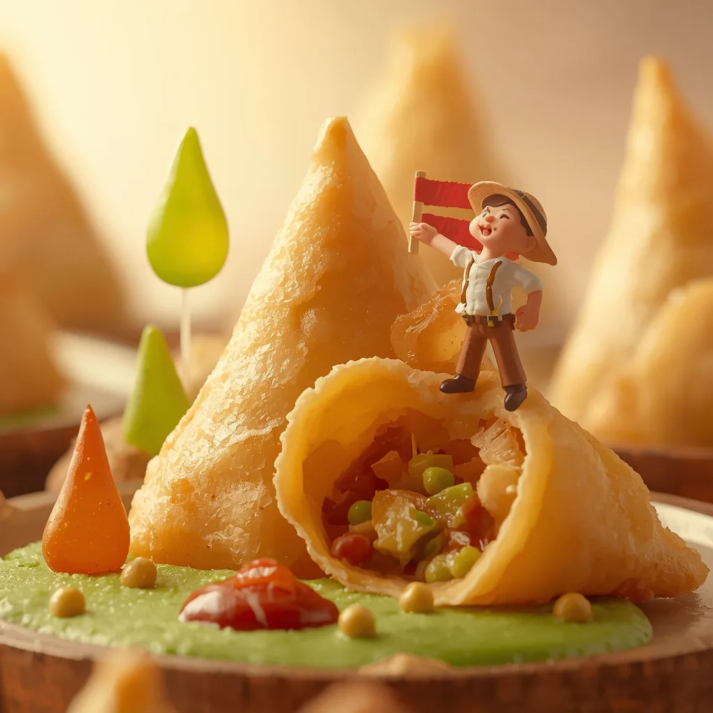 Miniature Adventurer on a Giant Samosa Peak – cinematic ai prompts – AI generated example