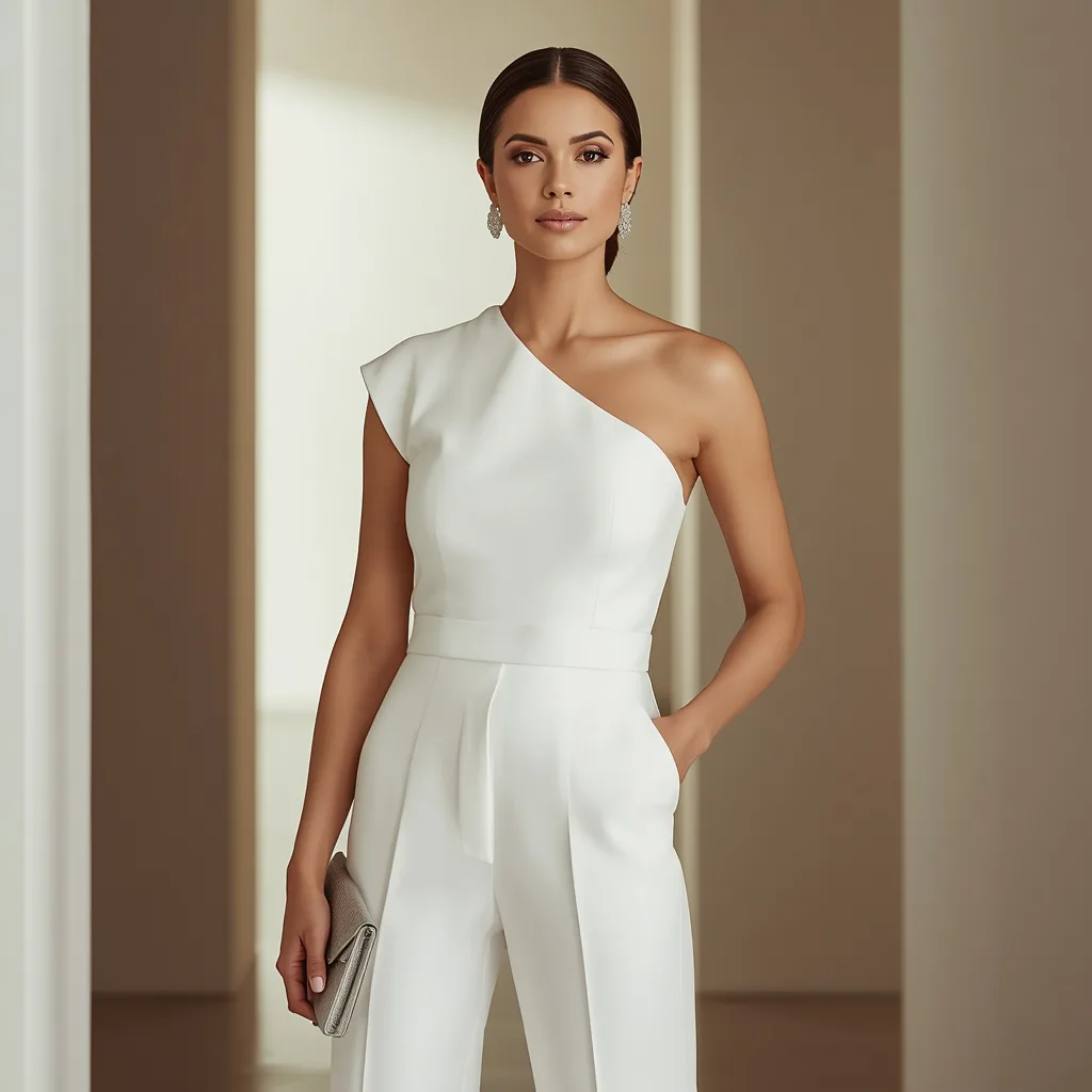 Modern Minimalist Glam: A Woman in a Sleek White One-Shoulder Jumpsuit – women's cottagecore ai prompts – AI generated example