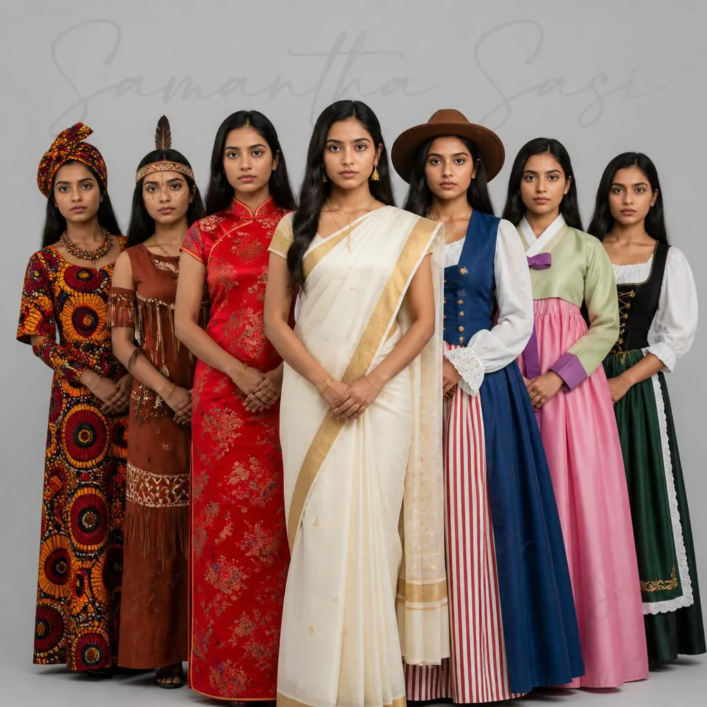 Multicultural Woman's Editorial Portrait in Global Traditional Attire – traditional saree ai prompts – AI generated example