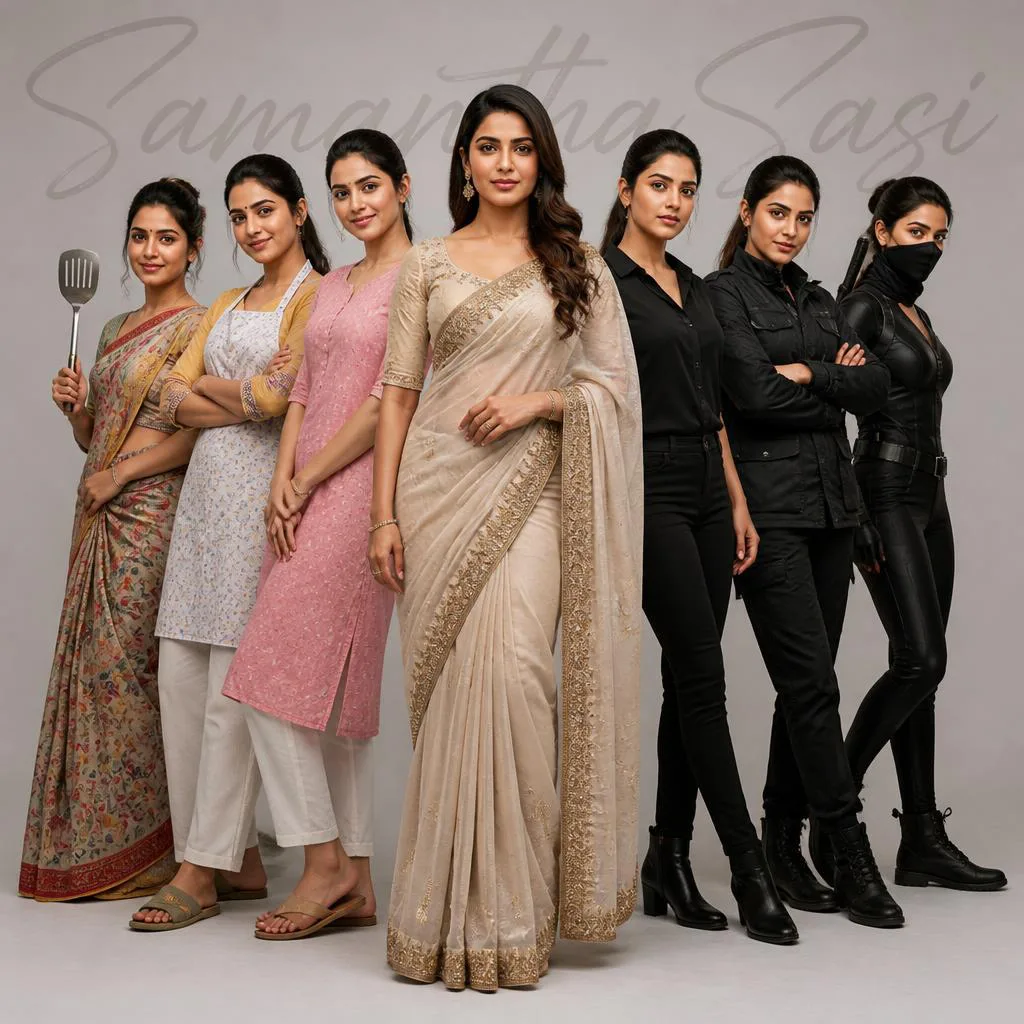 Multiversal Woman's Editorial Portrait: Housewife by Day, Assassin by Night – traditional saree ai prompts – AI generated example