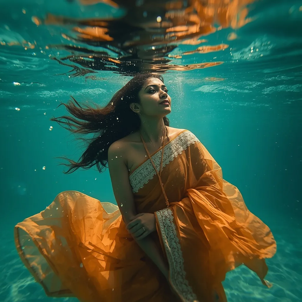 Mystical South Asian Woman's Underwater Dance of Light and Serenity – traditional saree ai prompts – AI generated example