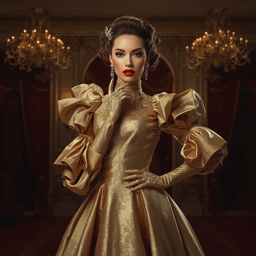 Opulent Drama: A Woman in a Gold Metallic Jacquard Gown – women's cottagecore ai prompts – AI generated example