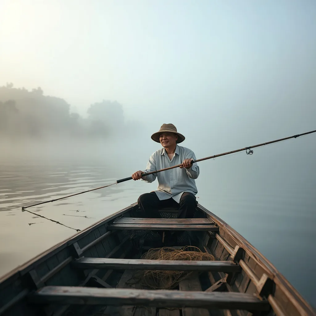 Peaceful Angler: Serenity on a Misty Fishing Boat – cinematic ai prompts – AI generated example
