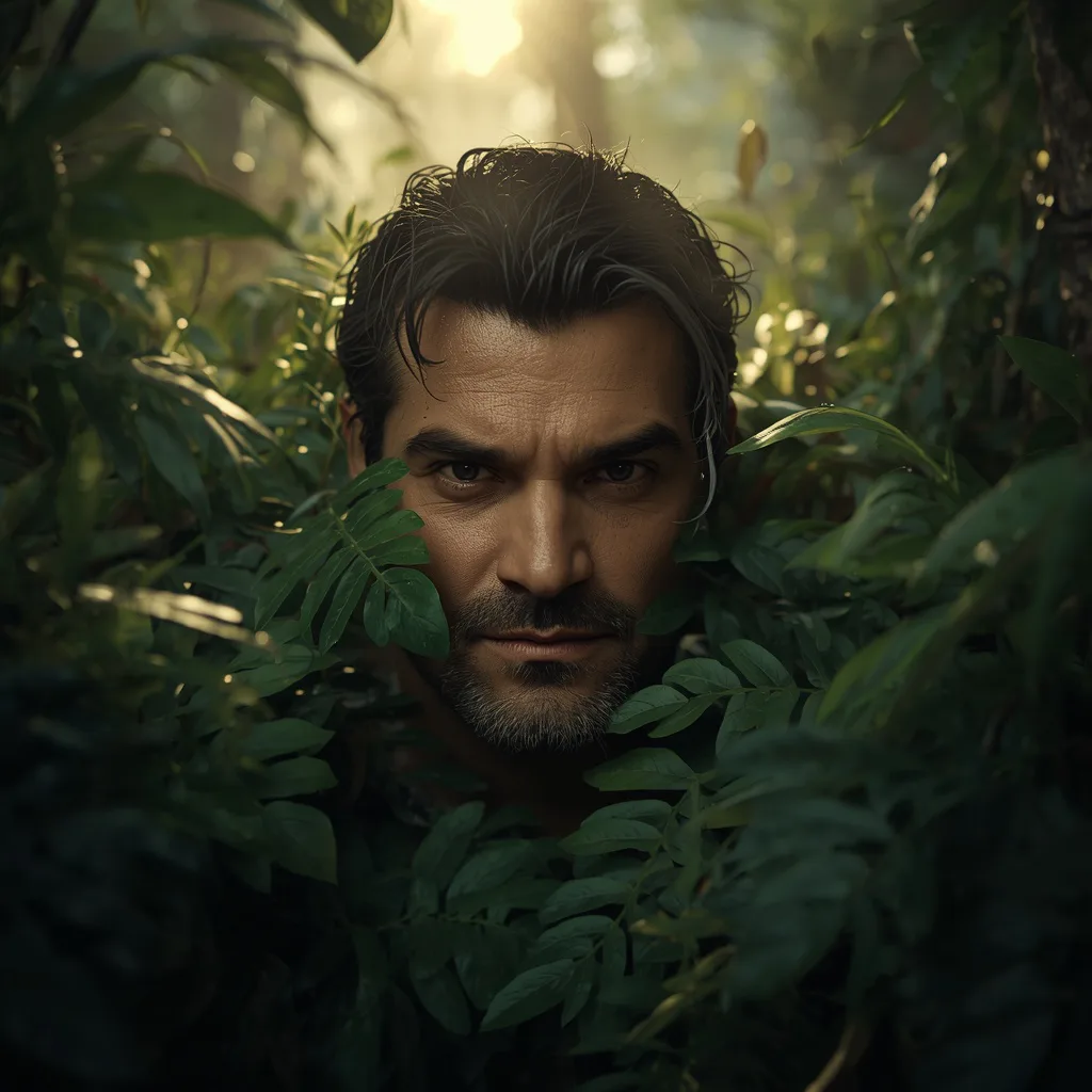 Powerful Man Emerging from Lush Green Jungle Foliage – handsome boy's ai prompts – AI generated example