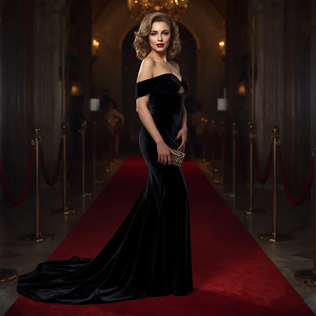Red Carpet Elegance: A Woman in a Classic Black Velvet Gown with Train – women's cottagecore ai prompts – AI generated example