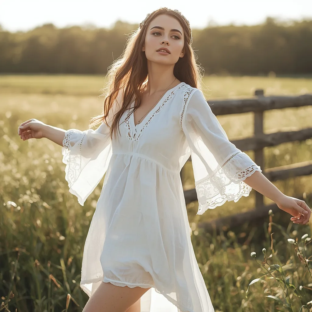 Romantic Bohemian Dream: A Woman in a Flowy White Tunic Dress with Lace – women's cottagecore ai prompts – AI generated example