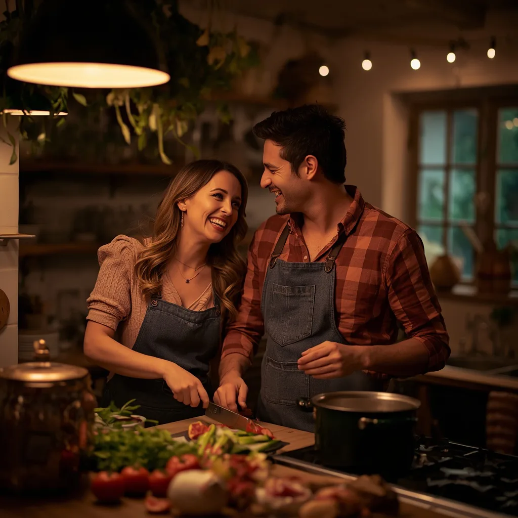 Romantic Couple Cooking Together in a Rustic Kitchen with Warm Light – historic couple ai prompts – AI generated example