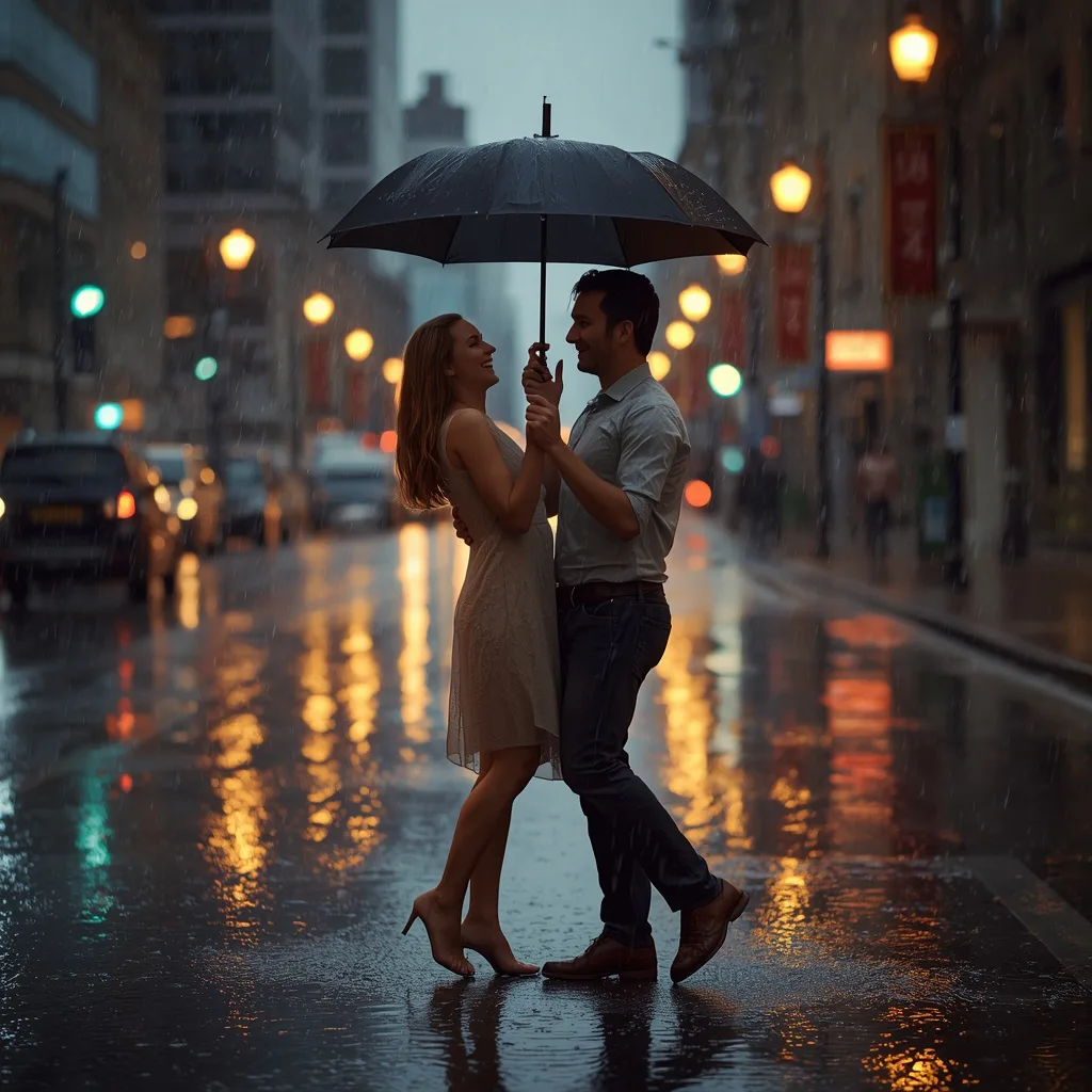 Romantic Couple Dancing in the Rain Under a Single Umbrella in a City Street – historic couple ai prompts – AI generated example