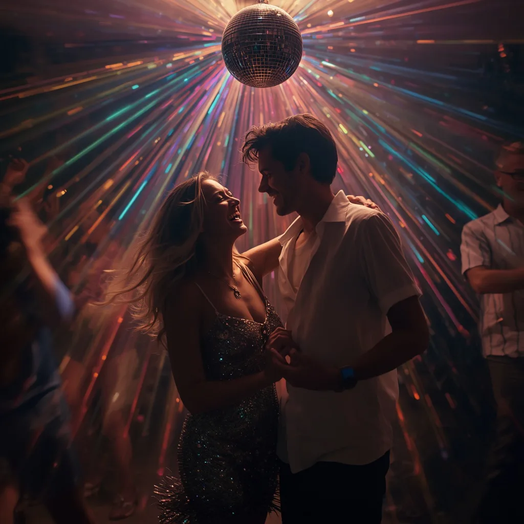 Romantic Couple Dancing Under a Disco Ball in a Retro Club – historic couple ai prompts – AI generated example