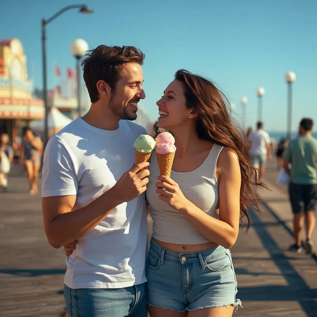 Romantic Couple Sharing an Ice Cream Cone on a Sunny Boardwalk – historic couple ai prompts – AI generated example